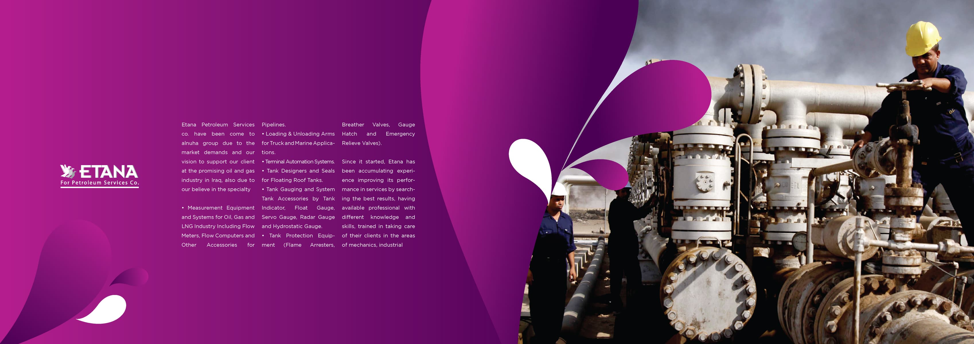 Etana Petroleum Services brochure showing workers operating large valves at an industrial oil facility.