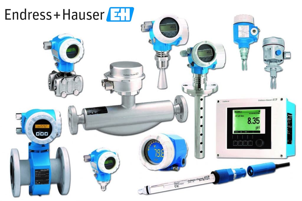 Various Endress+Hauser industrial measurement instruments including flow meters, pressure transmitters, and level sensors.